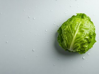 Poster - Overhead view of a single fresh romaine lettuce head on a white surface, adorned with glistening water droplets to highlight its freshness and quality
