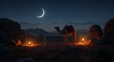  Serene Desert Night with Camel Under Crescent Moon