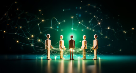 Poster - a group of five stylized figures stand illuminated against a backdrop of interconnected glowing node