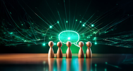 Poster - five wooden figures are connected under a radiant speech bubble, illuminated by green network lines 