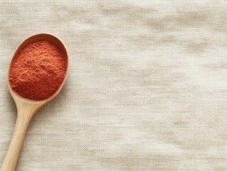 Poster - Wooden spoon holds vibrant red paprika powder, resting on a neutral linen cloth that allows for text placement on the right side. Ideal for culinary projects