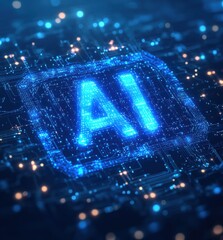 Fototapete - Futuristic glowing AI lettering against a digital circuit background of light