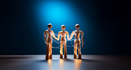 Poster - three wooden figures stand linked by glowing lines on a reflective surface against a deep blue backg