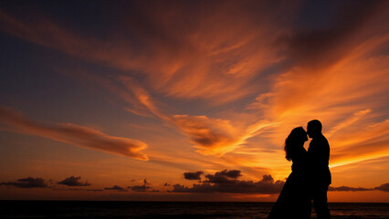 Poster - Silhouetted couple embraces as the sun sets, painting the sky with vibrant orange and purple hues. Dramatic clouds and a dark ocean create a romantic, serene moment.
