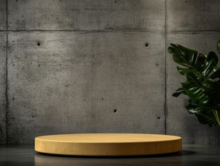 Fototapete - A striking podium stand with a vibrant yellow finish is elegantly placed against a textured stone backdrop, complemented by a tropical leaf on the side