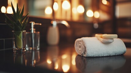 Poster - A single bathroom counter showcases a glass soap dispenser, a rolled towel, and a small succulent plant illuminated by soft, warm light from a window