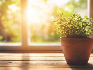 Aufkleber - Soft sunlight pours through a window, highlighting a small potted succulent on a wooden table, enhancing the tranquil ambiance of the indoor space