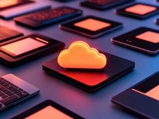 Fototapete - A glowing cloud icon stands centrally on a dark device, linked by dynamic lines to multiple devices, showcasing the concept of connected technology
