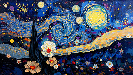Wall Mural - a vibrant night scene with a swirling dark blue sky, bright yellow moon, and shining stars. colorful