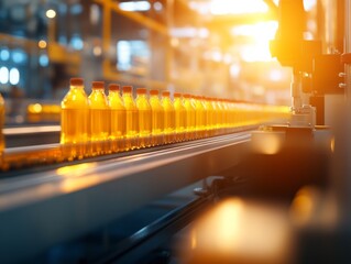 Poster - Water bottles glide along a sleek conveyor belt in a contemporary factory, showcasing efficient machinery in a bright, productive environment filled with motion
