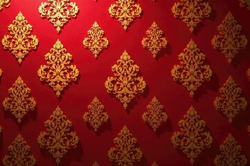 intricate floral damask pattern in elegant gold on a deep red background , ornate, art