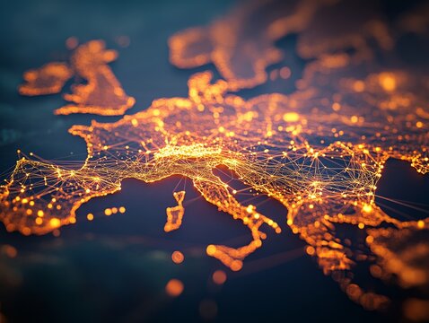 A vivid digital constellation map of Europe displays glowing lines and nodes representing data networks, set against a dark blue gradient with space for text