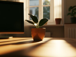 Poster - Natural light fills a minimalist workspace featuring a sleek monitor, a ceramic coffee cup, and a small potted plant, perfect for productivity and tranquility
