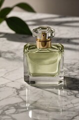 Poster - elegant glass perfume bottle on marble surface with soft shadows and greenery in the background