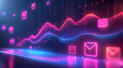 Email marketing dashboard with open rate chart rising, sleek line graph design, glowing email icons floating, minimalist UI layout with soft gradients and modern typography,