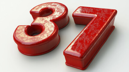 Poster - 3D Red Textured Numbers 3 and 7 Isolated on White Background for Design Concepts