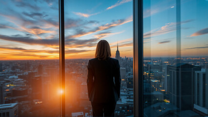 Aufkleber - A person in a suit stands before a large window, facing a city skyline at sunset. The scene is a blend of business and nature, the city lights twinkling against the warm colors of the sky. Hints inclu
