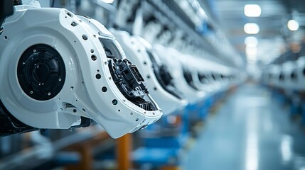 Aufkleber - In a sleek, contemporary factory, a uniform row of white robotic arms stands ready for action
