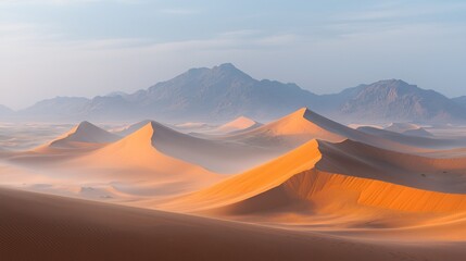 Poster - Golden dunes stretch across the horizon, reflecting the early morning sun. Soft shadows dance over the textured sand as distant mountains loom in the background, bathed in soft hues of dawn