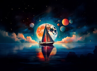 Poster - A lone sailboat glides across calm water under a colorful night sky filled with planets and a large moon. The serene scene creates a fantastical feeling, with a striking reflection on the water's surf