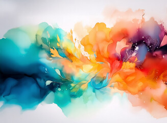 Poster - A vibrant, abstract watercolor composition swirls and blends, featuring a spectrum of warm and cool hues. The dynamic movement hints at an organic form, like smoke or floral.