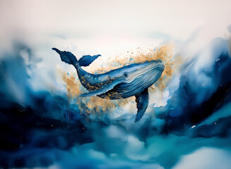 Aufkleber - A majestic whale surges through vibrant, swirling water. The painting depicts the creature against the backdrop of an abstract, dreamlike seascape filled with color. Hints of gold shimmer around the w