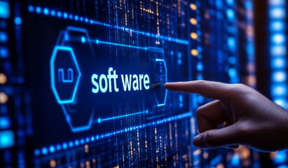 A businessman is touching a virtual screen with the word software and an icon of a hexagon
