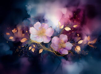 Fototapete - Here's the description and keywords:

Dreamy watercolor floral artwork showcases light purple blossoms and shimmering gold leaves. Hints of purple, blue, and pink blend in an ethereal aesthetic.