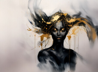 Aufkleber - A digital artwork of a woman with flowing hair, hints of gold, and a dark skin tone, creating an ethereal look with a soft background, embodying a sense of grace.