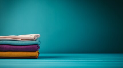 Poster - A stack of colorful folded clothes sits against a vibrant turquoise background, showcasing a tidy arrangement that evokes a sense of cleanliness and liveliness
