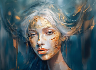 Aufkleber - A portrait presents a captivating woman, gold-touched on her skin, hair gracefully flowing. Hints of water and a dreamlike quality create an ethereal aura in a blue-tinged environment.