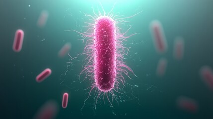 Aufkleber - A bacterium is presented with detailed cell features, surrounded by glowing symbols of antibiotic resistance against a gradient blue backdrop, with space on the right