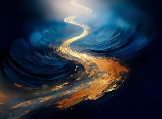 Aufkleber - Abstract rendering of a swirling, luminous pathway through dark, aqueous depths. The golden river winds upwards, creating movement and a sense of depth.