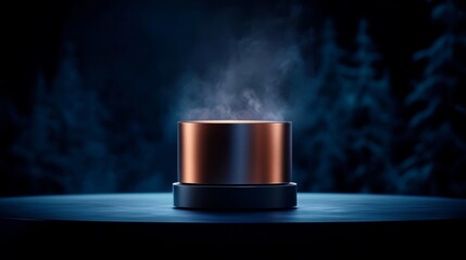 Fototapete - A polished metallic pedestal exudes elegance under soft spotlighting, set against a rich blue backdrop, enhancing the luxurious display atmosphere