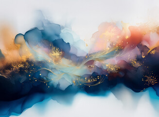 Aufkleber - Abstract artwork with a blend of vibrant colors, hints of gold, and flowing shapes reminiscent of ink washes. The composition evokes a sense of dreamscape and ethereal beauty. The artwork features hue
