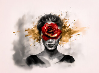 Aufkleber - An artistic portrait of a person with a rose covering the face, hinting at hidden emotions and mystery, surrounded by a dynamic cloud of gold and grey. The artwork exudes elegance.