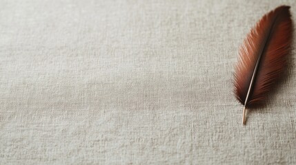 Aufkleber - A single bird feather with fine details of its barbs and rachis lies on soft cream-colored linen, creating a serene and elegant composition with ample copy space
