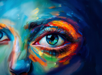 Aufkleber - This image is a close-up of a face, with emphasis on the eye. It features a vibrant, colorful, painting style, with a combination of blue, orange, and green hues in the eye area. The artwork captures 