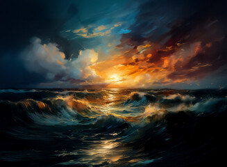 Aufkleber - Dramatic sunset paints the wavy ocean in vibrant hues.  Dark sea contrasts with the bright orange and yellow of the sky. Clouds are visible in the scene.