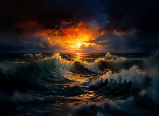 Poster - Dramatic sunset over a turbulent sea. Large waves crash under a fiery sky with dark clouds. Golden light reflects on the water's surface, creating a powerful and dynamic scene.