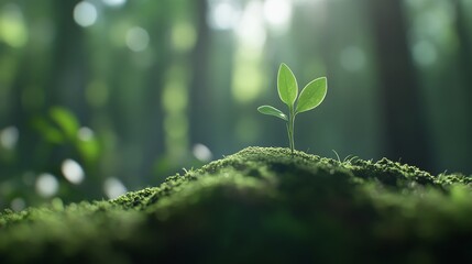 Poster - A small flower grows from a moss-covered rock in a shaded area of the forest, surrounded by lush greenery and illuminated by soft sunlight filtering through trees