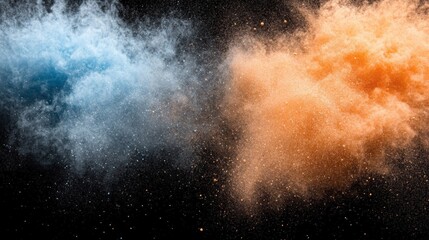 Aufkleber - Bright particles in shades of blue and orange float in mid-air, illuminated by dynamic lighting that enhances the energetic and magical ambiance of the scene