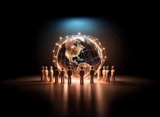 Aufkleber - Silhouetted figures stand encircling a glowing globe with network lines, representing global connection, collaboration, and technology in a dark setting.