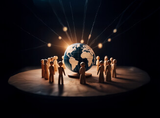 Poster - Illuminated globe encircled by figures, light beams connecting them in the darkness, symbolizing global network and unity.