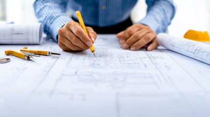 Aufkleber - Engineer analyzes structural designs on computer, surrounded by blueprints and tools in a bright industrial workspace, concentrating on complex details and plans