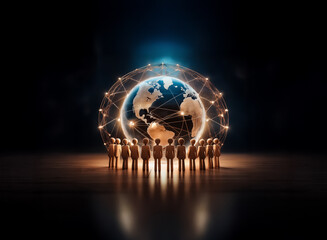 Poster - A group of figures stand in a circle surrounding a glowing globe. A digital network surrounds the planet, symbolizing global connection and technology.