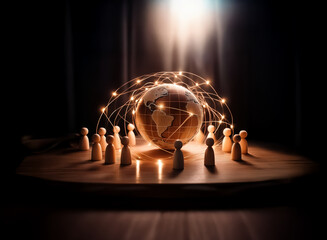 Poster - Illuminated globe encircled by wooden figures linked with glowing lines under a spotlight. Emphasizes global connection and worldwide unity.