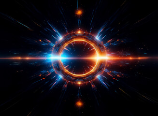 Aufkleber - A vibrant abstract image features a glowing circular portal with bursts of orange and blue light radiating against a dark cosmic backdrop, creating a dynamic and futuristic energy.