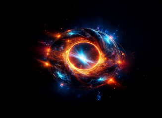 Poster - Vibrant energy swirls around a luminous core, creating an abstract glowing sphere. Orange and blue hues illuminate the darkness, suggesting a cosmic or futuristic phenomenon.