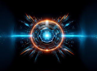 Aufkleber - Abstract futuristic circular design with vibrant blue and orange glowing lights on a dark backdrop. Technological and dynamic.
